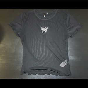 Black Lettuce Edge Mesh Tee w/ Butterfly Detail